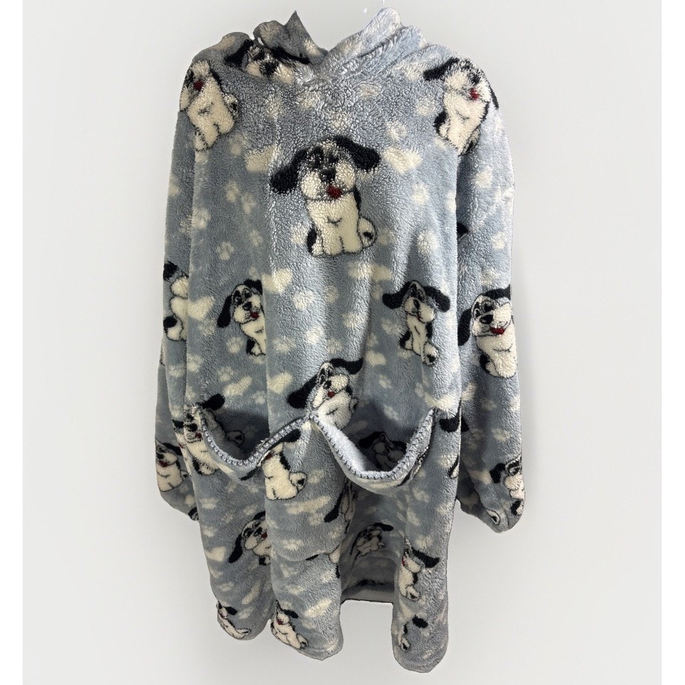 Cozy Blanket Hoodie Robe Oversized Plush Fleece Blue Dog Print Wearable